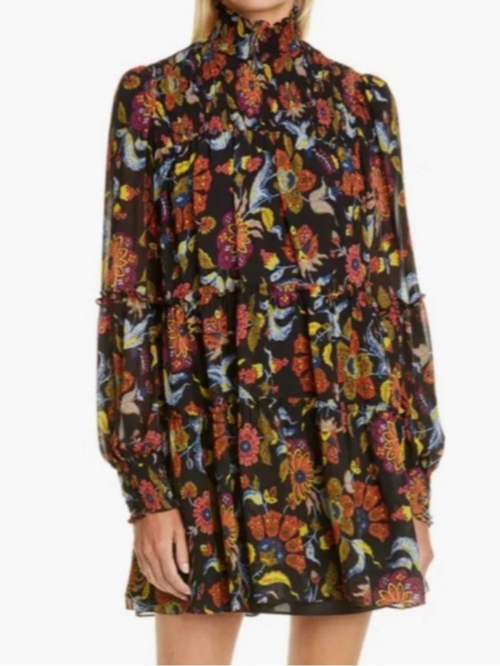 Cinq À Sept Dress Rika Black Floral Hi Neck Tiered Bishop Sleeves Size 10 Mini
